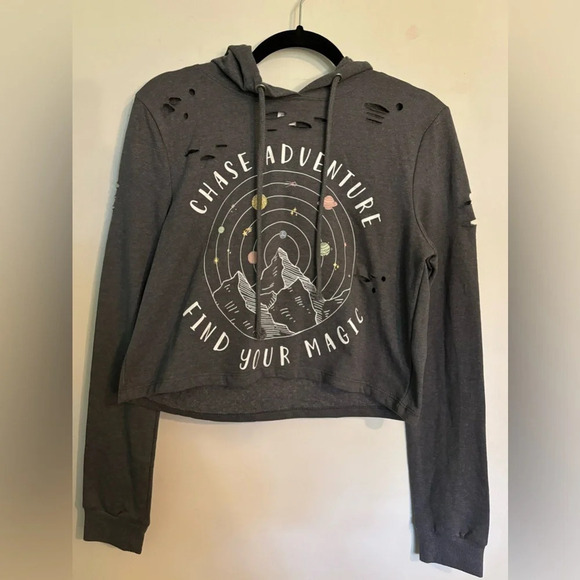 NWT Electric Pink Womens Cropped Distressed Hoody Gray Sm planet mountain solar - Picture 1 of 7